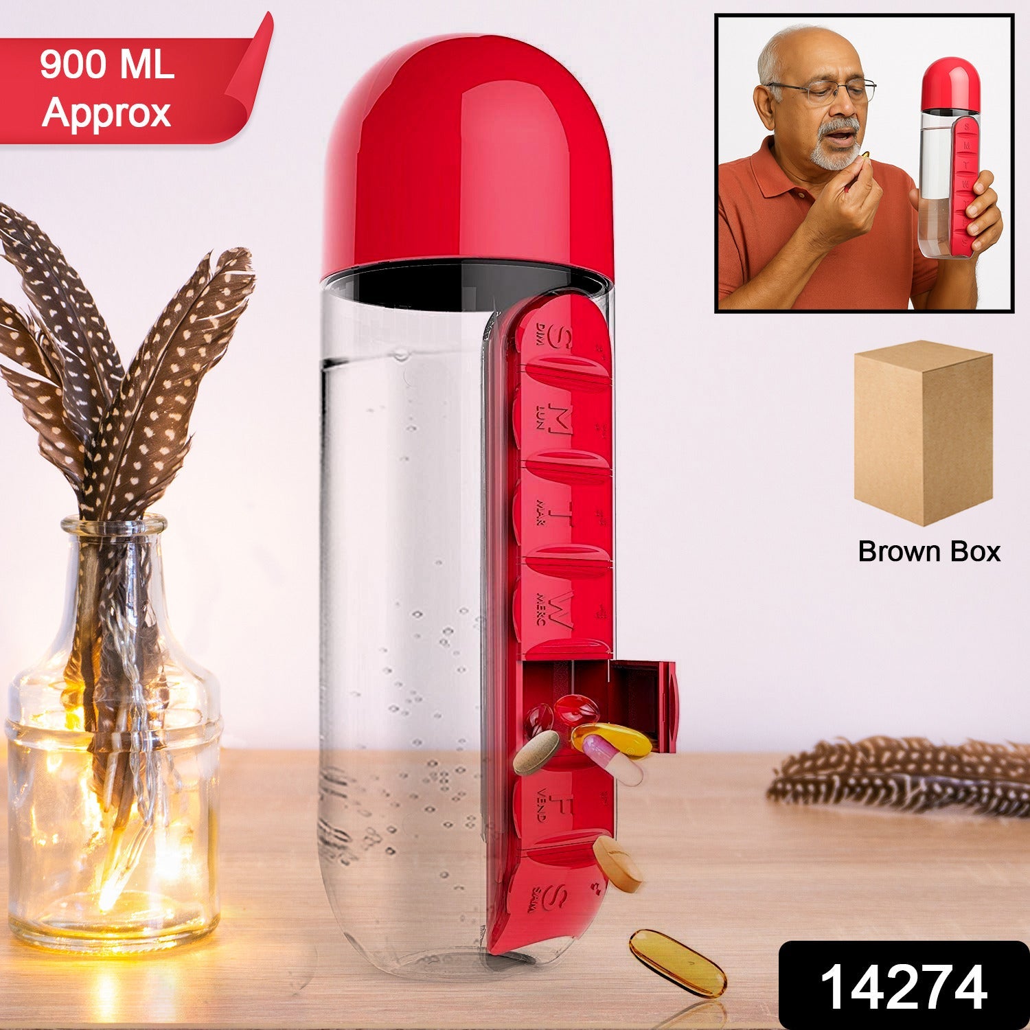 900ml Water Bottle with Pill Organizer  900ml Water Bottle with Pill Organizer